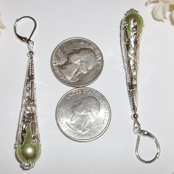 Long Green Silver Pearl Earrings Handmade NWT Earring Earring Earring Set 4971 - Picture 3 of 8